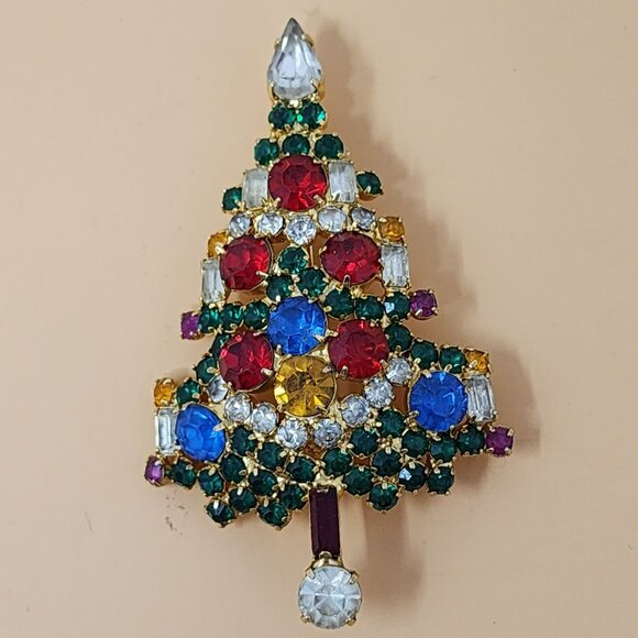 Vintage Warner Christmas Tree Rhinestone Brooch & Clip Earrings Set - Picture 6 of 8